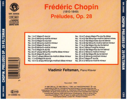 Frédéric Chopin, Vladimir Feltsman : Preludes, Op.28 (CD, RE)