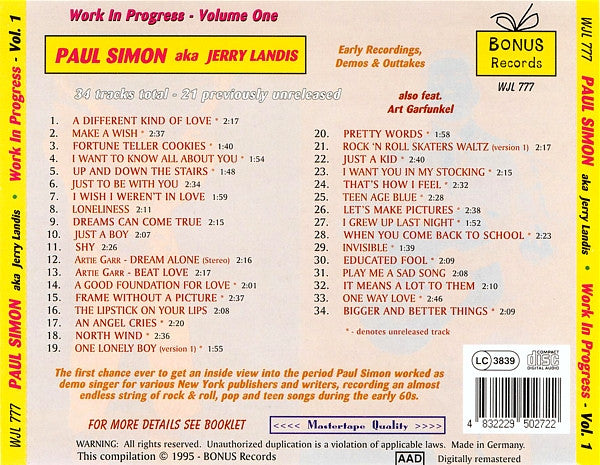 Paul Simon aka Jerry Landis also feat. Art Garfunkel : Work In Progress - Volume One (Early Recordings, Demos & Outtakes) (CD, Comp, RM)