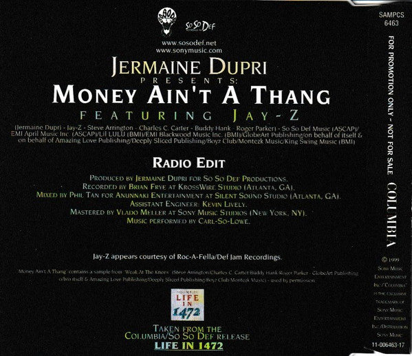 Jermaine Dupri Featuring Jay-Z : Money Ain't A Thang (CD, Single, Promo)