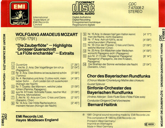 Wolfgang Amadeus Mozart, Chor Des Bayerischen Rundfunks, Symphonie-Orchester Des Bayerischen Rundfunks, Bernard Haitink : Die Zauberflöte. Highlights (CD, Album)