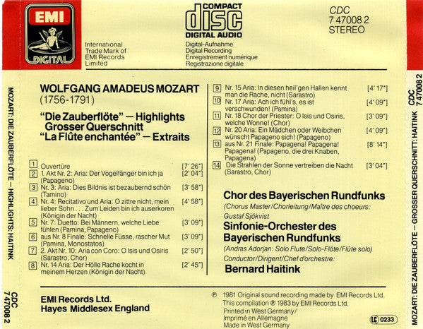 Wolfgang Amadeus Mozart, Chor Des Bayerischen Rundfunks, Symphonie-Orchester Des Bayerischen Rundfunks, Bernard Haitink : Die Zauberflöte. Highlights (CD, Album)
