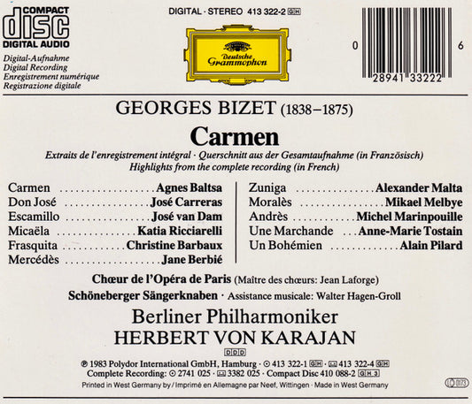 Georges Bizet - Agnes Baltsa · José Carreras · José van Dam · Katia Ricciarelli, Choeur National De L'Opéra De Paris · Berliner Philharmoniker, Herbert Von Karajan : Carmen (Querschnitt = Highlights) (CD, Album, RE)