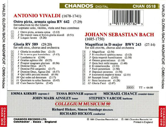 Antonio Vivaldi / Johann Sebastian Bach - Emma Kirkby, Tessa Bonner, Michael Chance, John Mark Ainsley, Stephen Varcoe, Collegium Musicum 90, Richard Hickox : Gloria • Ostro Picta / Magnificat (CD, Album)