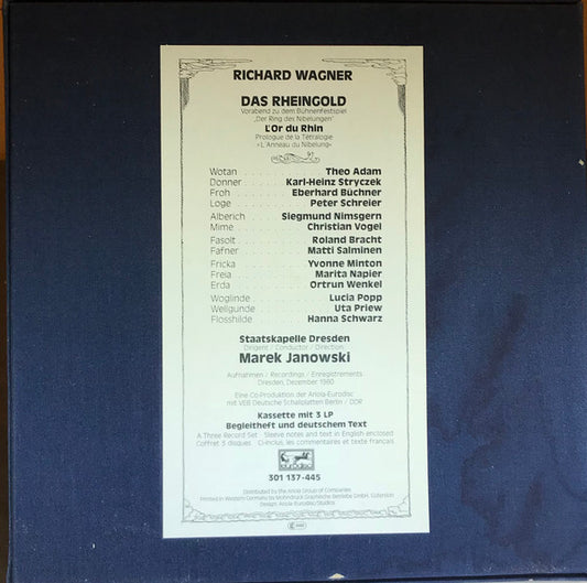 Richard Wagner - Theo Adam, Siegmund Nimsgern, Peter Schreier, Roland Bracht, Matti Salminen (2), Christian Vogel (3), Eberhard Büchner, Karl-Heinz Stryczek, Yvonne Minton, Lucia Popp, Uta Priew, Hanna Schwarz, Marita Napier, Ortrun Wenkel, Staatskapelle : Das Rheingold (3xLP, Dig + Box)