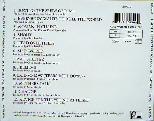 Tears For Fears : Tears Roll Down (Greatest Hits 82-92) (CD, Comp, RE, RP)