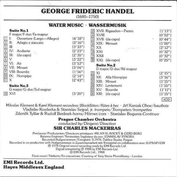 Georg Friedrich Händel / Sir Charles Mackerras : Water Music - Wassermusik (CD, Album)