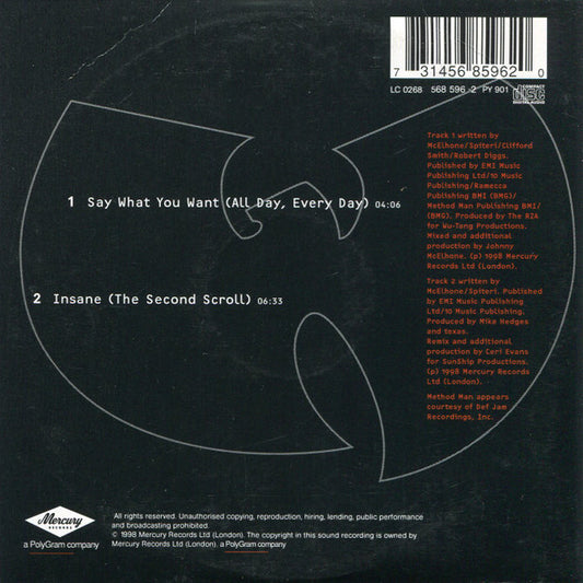 Texas Featuring The Wu-Tang Clan : Say What You Want (All Day, Every Day) (CD, Single, Car)