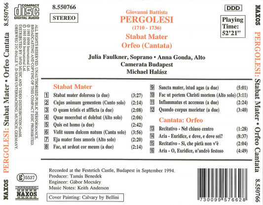 Giovanni Battista Pergolesi, Julia Faulkner, Anna Gonda, Camerata Budapest, Michael Halász : Stabat Mater - Orfeo (Cantata) (CD)