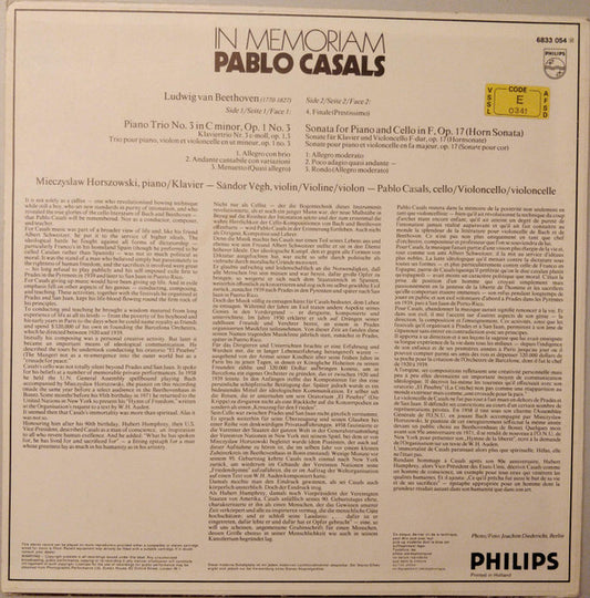 Ludwig van Beethoven, Pablo Casals : In Memoriam - Piano Trio, Op.1 No. 3, Cello Sonata Op.17 (LP, RE)