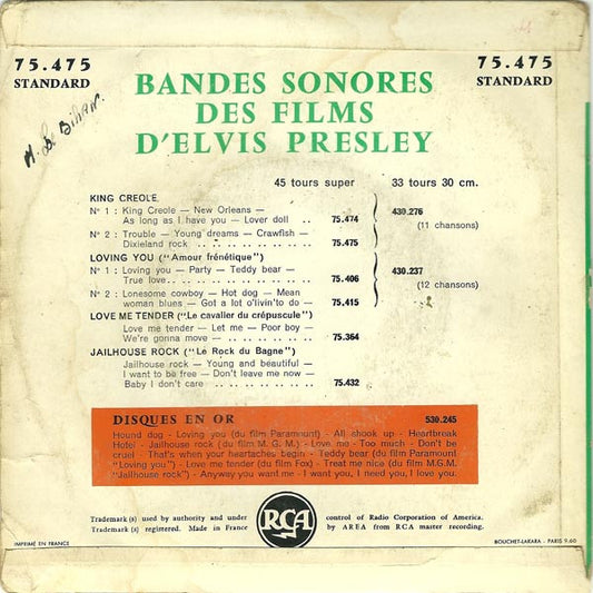 Elvis Presley With The Jordanaires : King Creole (7", EP, RE, Yel)