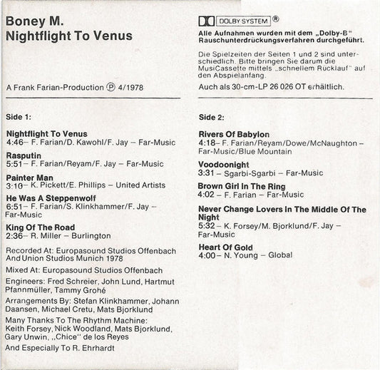 Boney M. : Nightflight To Venus (Cass, Album)