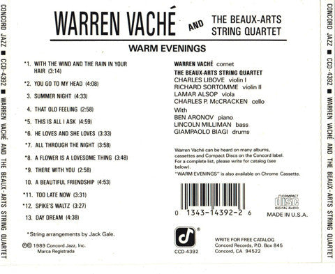 Warren Vaché And Beaux Arts String Quartet : Warm Evenings (CD, Album)