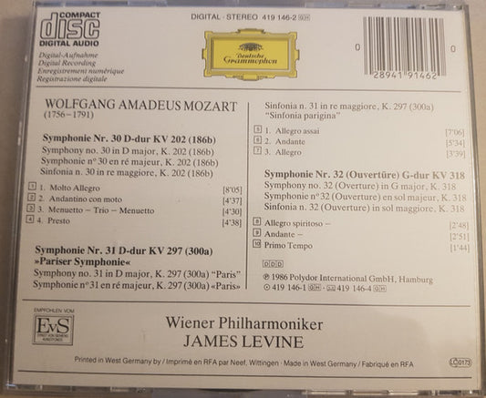 Wolfgang Amadeus Mozart - Wiener Philharmoniker, James Levine (2) : Symphonien Nr. 30 • 31 "Pariser" • 32 (CD, Album)