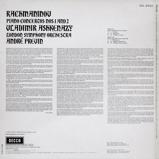 Sergei Vasilyevich Rachmaninoff, Vladimir Ashkenazy, London Symphony Orchestra, André Previn : Piano Concertos Nos. 1 And 2 (LP)