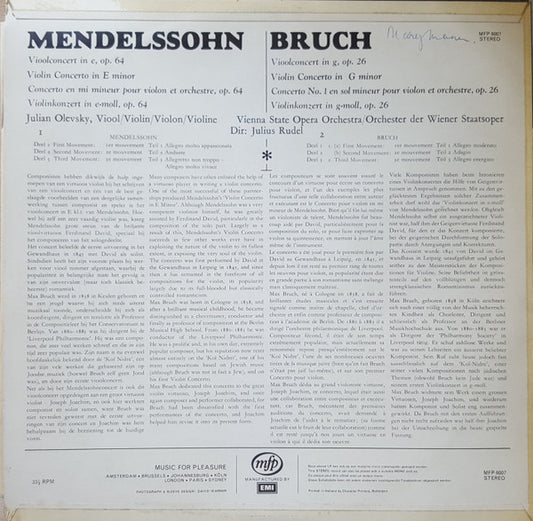 Felix Mendelssohn-Bartholdy, Max Bruch, Julian Olevsky, Orchester Der Wiener Staatsoper Dir: Julius Rudel : Violin Concertos (LP, RE)