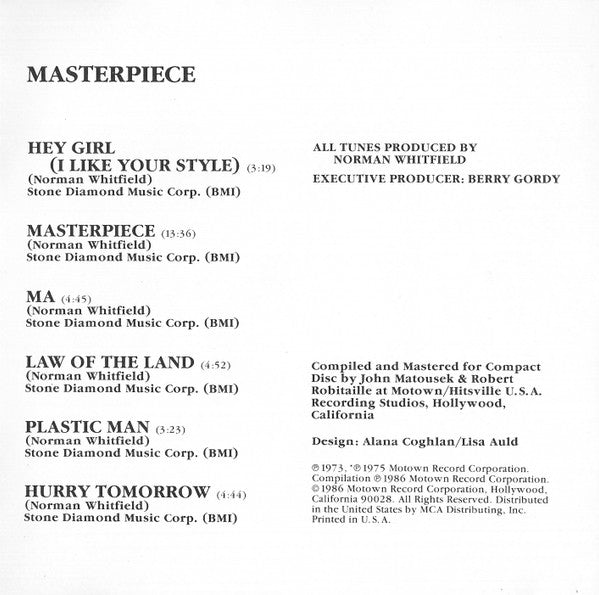 The Temptations : A Song For You / Masterpiece (CD, Album, Comp, RM)