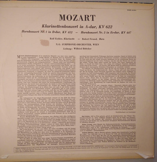 Wolfgang Amadeus Mozart, Rolf Eichler, Robert Freund, Tonkünstler Orchestra Leitung: Wilfried Boettcher : Klarinettenkonzert / Hornkonzert Nr. 1 / Hornkonzert Nr. 3 (LP)
