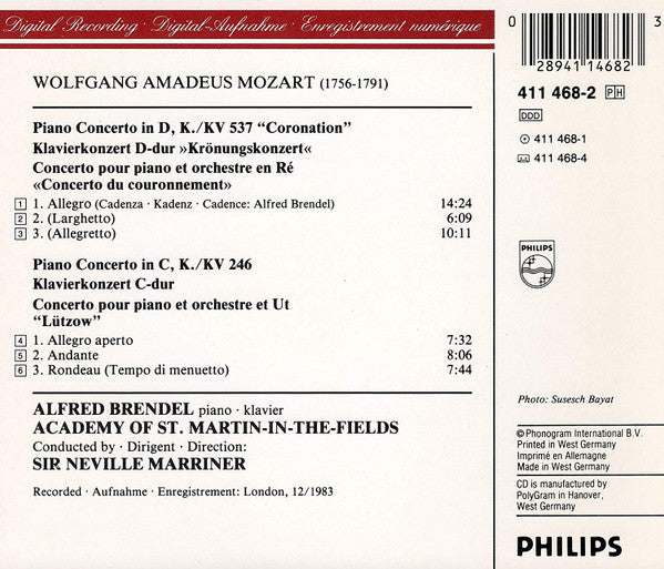Wolfgang Amadeus Mozart - Alfred Brendel, The Academy Of St. Martin-in-the-Fields, Sir Neville Marriner : Piano Concertos = Klavierkonzerte (CD, Album, RE)