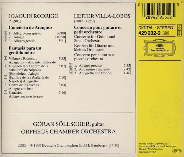 Joaquín Rodrigo, Heitor Villa-Lobos, Göran Söllscher, Orpheus Chamber Orchestra : Concierto De Aranjuez / Fantasía Para Un Gentilhombre / Guitar Concerto (CD, Album)