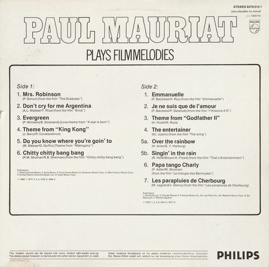 Paul Mauriat : Paul Mauriat Plays Filmmelodies (LP, Comp)