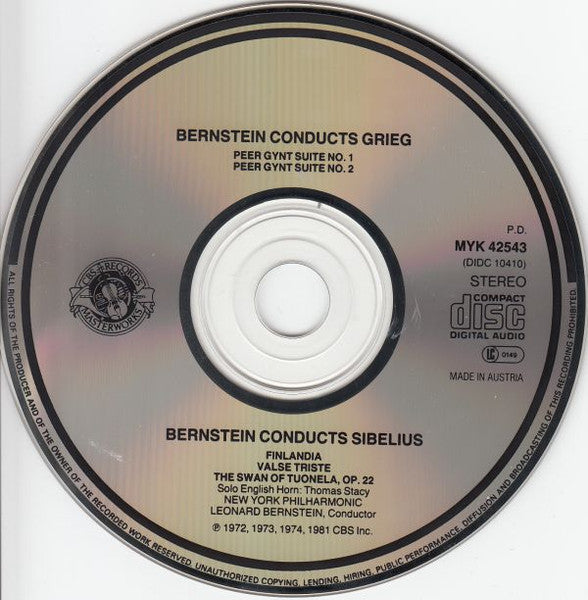 Edvard Grieg / Jean Sibelius - New York Philharmonic, Leonard Bernstein : Peer Gynt Suites No. 1 & 2 / Valse Triste, Finlandia, The Swan Of Tuonela (CD, Comp, RM)
