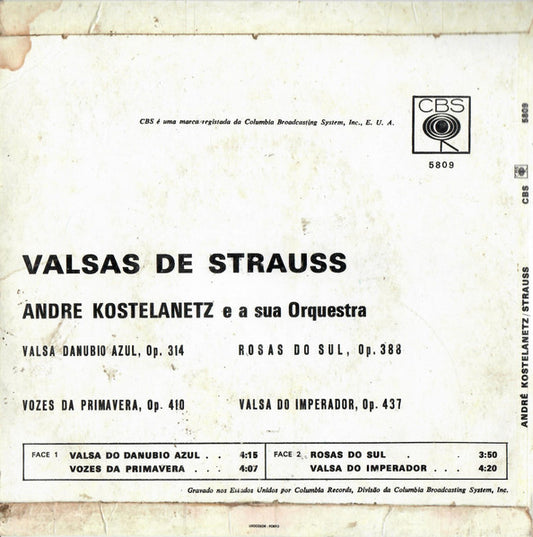 André Kostelanetz And His Orchestra : Valsas De Strauss (7", EP)