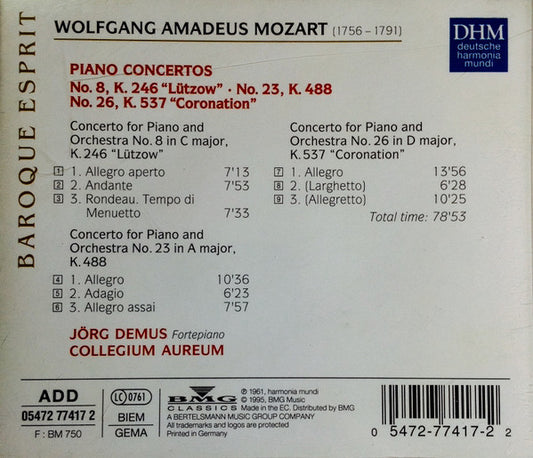 Wolfgang Amadeus Mozart – Jörg Demus · Collegium Aureum : Piano Concertos No.8, K.246 / No.23, K.488 / No.26, K.537 "Coronation" (CD, Comp)