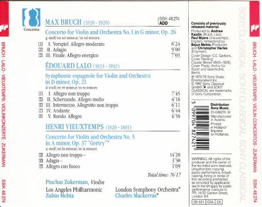 Max Bruch / Édouard Lalo / Henri Vieuxtemps - Pinchas Zukerman · Los Angeles Philharmonic Orchestra · London Symphony Orchestra · Zubin Mehta · Sir Charles Mackerras : Violin Concerto No. 1 / Symphonie Espagnole / Violin Concerto No. 5 (CD, RE, RM)