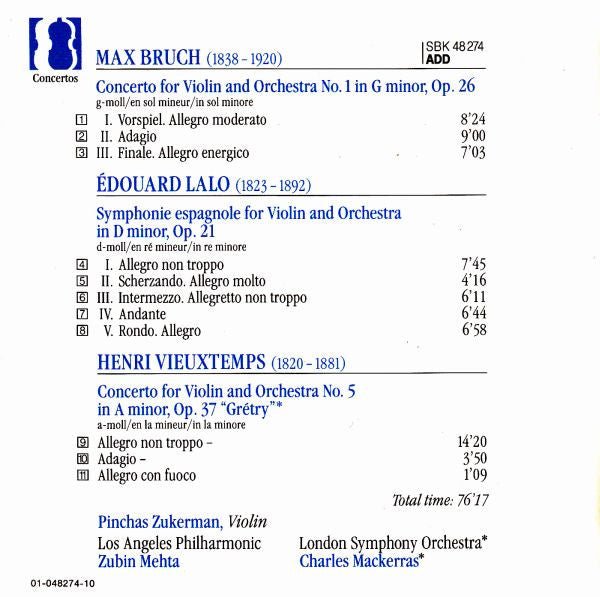 Max Bruch / Édouard Lalo / Henri Vieuxtemps - Pinchas Zukerman · Los Angeles Philharmonic Orchestra · London Symphony Orchestra · Zubin Mehta · Sir Charles Mackerras : Violin Concerto No. 1 / Symphonie Espagnole / Violin Concerto No. 5 (CD, RE, RM)