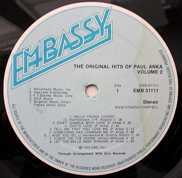 Paul Anka : The Original Hits Of Paul Anka Vol. 2 (LP, Comp)