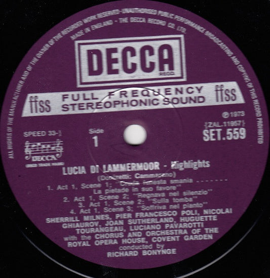 Gaetano Donizetti, Joan Sutherland, Luciano Pavarotti, Sherrill Milnes, Nicolai Ghiaurov, Chorus Of The Royal Opera House, Covent Garden & Orchestra Of The Royal Opera House, Covent Garden, Richard Bonynge : Lucia Di Lammermoor Highlights (LP)