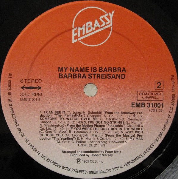 Barbra Streisand : My Name Is Barbra (LP, Album, RE)