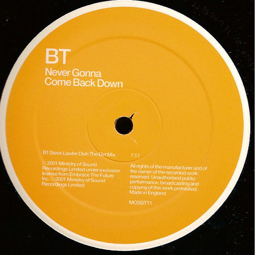 BT : Never Gonna Come Back Down (12")