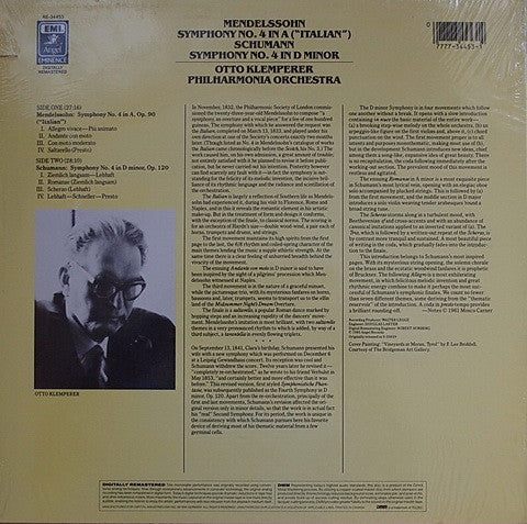Felix Mendelssohn-Bartholdy - Robert Schumann - Otto Klemperer, Philharmonia Orchestra : Symphony N°4 In A "Italian" / Symphony N°4 In D Minor (LP, RM)