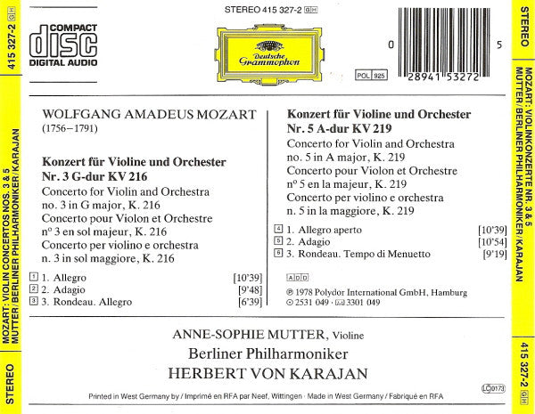 Wolfgang Amadeus Mozart - Anne-Sophie Mutter • Berliner Philharmoniker • Herbert von Karajan : Violinkonzerte Nr. 3&5 • Violin Concertos • Concertos Pour Violon KV 216 & KV 219 (CD, Album, RE)