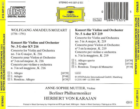 Wolfgang Amadeus Mozart - Anne-Sophie Mutter • Berliner Philharmoniker • Herbert von Karajan : Violinkonzerte Nr. 3&5 • Violin Concertos • Concertos Pour Violon KV 216 & KV 219 (CD, Album, RE)