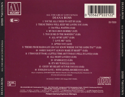 Diana Ross : All The Great Love Songs (CD, Comp, RP, PDO)