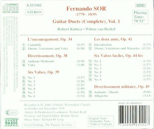 Fernando Sor - Robert Kubica • Wilma van Berkel : Guitar Duets (Complete), Vol. 1: Divertissements • Valses • Les Deux Amis • L'encouragement (CD, Album)