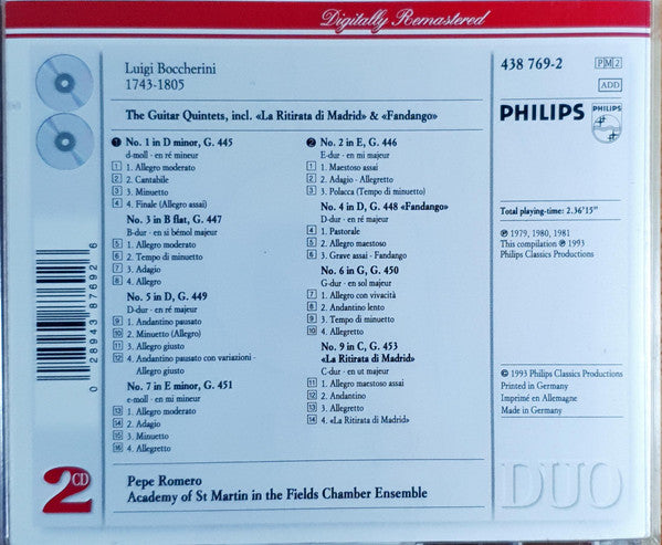 Luigi Boccherini - Pepe Romero, Academy Of St. Martin-in-the-Fields Chamber Ensemble : The Guitar Quintets Including La Ritirata Di Madrid & Fandango (2xCD, Comp, RM, RP)