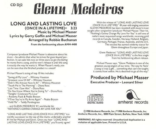 Glenn Medeiros : Long And Lasting Love (Once In A Lifetime) (CD, Single, Ltd, Promo)