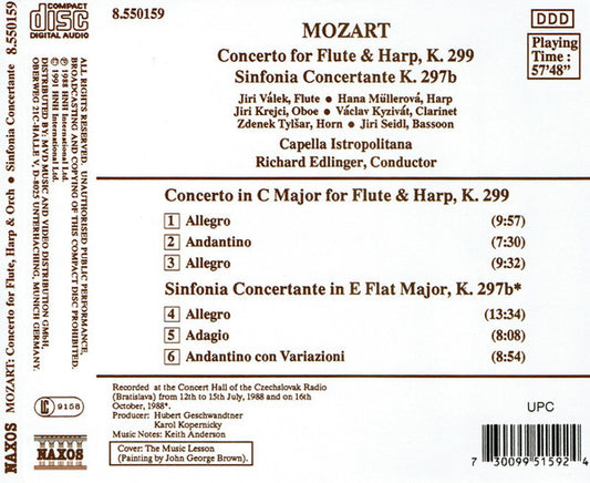 Wolfgang Amadeus Mozart, Capella Istropolitana, Richard Edlinger : Concerto For Flute & Harp, Sinfonia Concertante (CD)