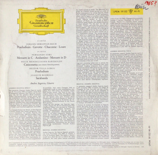 Andrés Segovia / Johann Sebastian Bach, Fernando Sor, Felix Mendelssohn-Bartholdy, Heitor Villa-Lobos, Joaquín Rodrigo : Andrés Segovia, Gitarre (LP, Album, Mono)