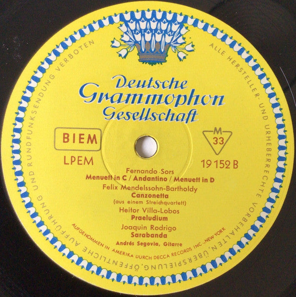 Andrés Segovia / Johann Sebastian Bach, Fernando Sor, Felix Mendelssohn-Bartholdy, Heitor Villa-Lobos, Joaquín Rodrigo : Andrés Segovia, Gitarre (LP, Album, Mono)