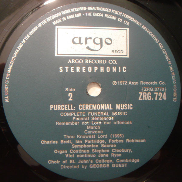 Henry Purcell - St. John's College Choir, English Chamber Orchestra, Symphoniae Sacrae, Charles Brett, James Bowman (2), Ian Partridge, Forbes Robinson, George Guest (2) : Ceremonial Music (LP)
