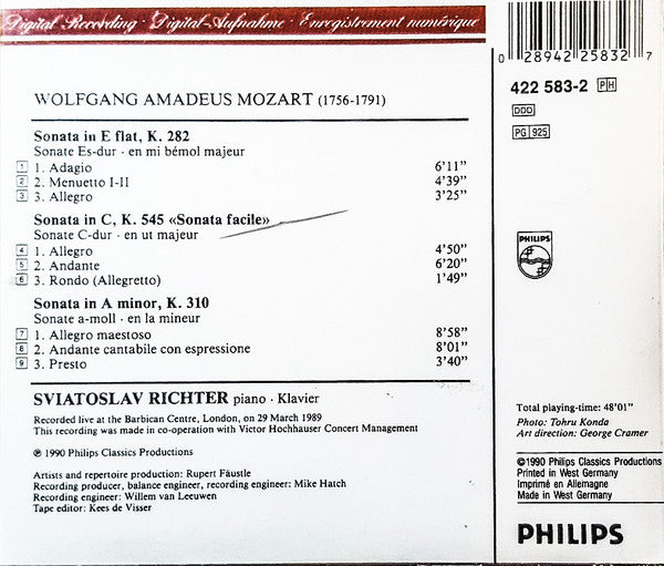 Wolfgang Amadeus Mozart, Sviatoslav Richter : Piano Sonatas KV 282, 310 & 545 (CD, Album, PDO)