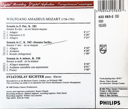 Wolfgang Amadeus Mozart, Sviatoslav Richter : Piano Sonatas KV 282, 310 & 545 (CD, Album, PDO)