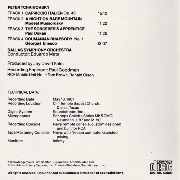 Eduardo Mata, Dallas Symphony Orchestra : Capriccio Italien / A Night On Bare Mountain / The Sorcerer's Apprentice / Roumanian Rhapsody No.1 (CD, Album)
