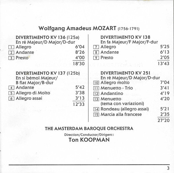 Wolfgang Amadeus Mozart, The Amsterdam Baroque Orchestra, Ton Koopman : Divertimenti KV 136/137/138/251 (CD, Album)