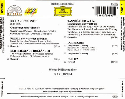 Richard Wagner : Wiener Philharmoniker, Karl Böhm : Ouvertüren & Vorspiele (Der Fliegende Holländer · Tannhäuser · Lohengrin · Parsifal · Rienzi) (CD, Comp, RM)
