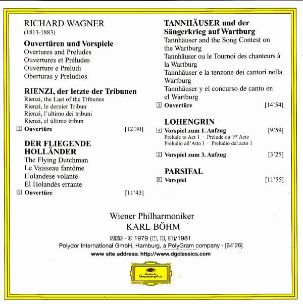 Richard Wagner : Wiener Philharmoniker, Karl Böhm : Ouvertüren & Vorspiele (Der Fliegende Holländer · Tannhäuser · Lohengrin · Parsifal · Rienzi) (CD, Comp, RM)